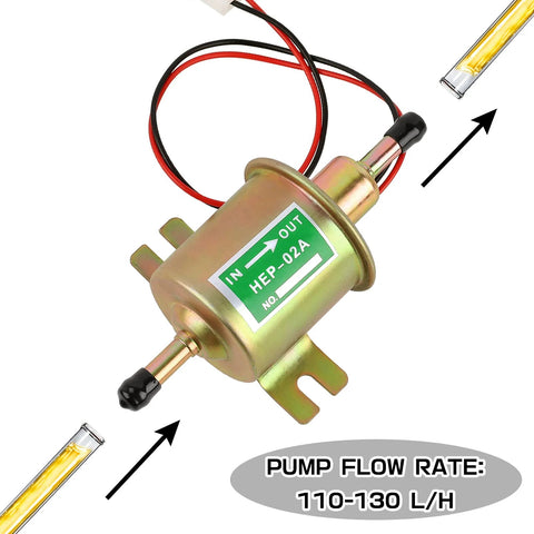 12V Inline Low-Pressure Fuel Pump Go-To Transfer Pump for gasoline and diesel engines, side view showing specifications