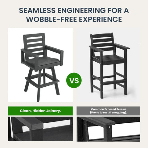 Comparison of Outdoor HDPE Swivel Bar Stool 360 Degree Rotation Bar Height Ladderback Chair with hidden joinery vs exposed screws.