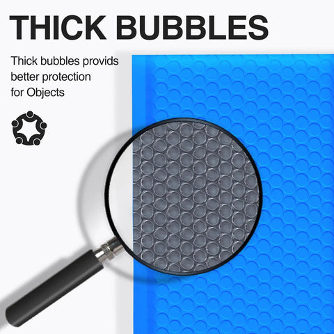 Blue Large Bubble Mailers 12x16 Inch 25 Pack showing thick bubble padding with a magnifying glass highlighting bubble texture.