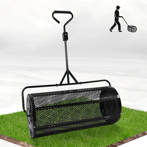 Easy Push And Tow Compost And Peat Moss Spreader 36 Inch for lawn care with metal mesh roller on grass