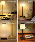 Cordless Rechargeable Table Lamp With USB Charging, Touch Dimmer, 3 Color Modes, Wireless Modern Lamp in various settings.