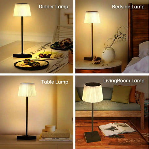 Cordless Rechargeable Table Lamp With USB Charging, Touch Dimmer, 3 Color Modes, Wireless Modern Lamp in various settings.