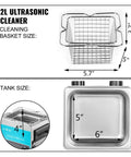 2L Ultrasonic Cleaner With Heater measuring cleaning basket 5.7"x5"x3.7" and tank size 6"x5" for efficient deep cleaning.