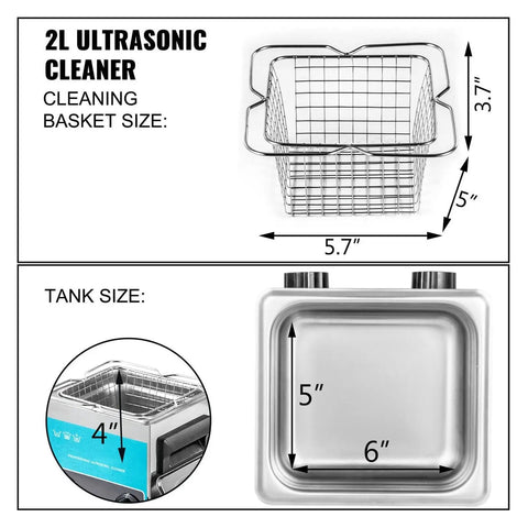 2L Ultrasonic Cleaner With Heater measuring cleaning basket 5.7"x5"x3.7" and tank size 6"x5" for efficient deep cleaning.
