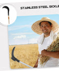 Farmer holding Multipurpose Garden Sickle With Wooden Handle For Weeding And Harvesting Long Handled Manganese Steel Grass Cutter
