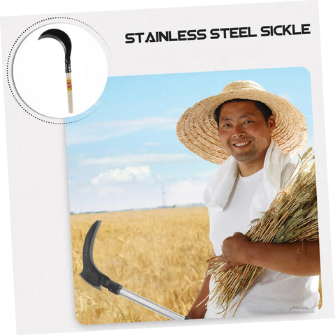 Farmer holding Multipurpose Garden Sickle With Wooden Handle For Weeding And Harvesting Long Handled Manganese Steel Grass Cutter