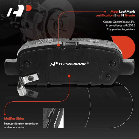 Close-up of brake pad from 11.49 Inch Rear Drilled And Slotted Disc Brake Rotors And Ceramic Pads Kit For Nissan And Infiniti Models Stops Like A Boss G35 350Z Juke Leaf Rogue Select Sport And X Trail, showing muffler shim detail.