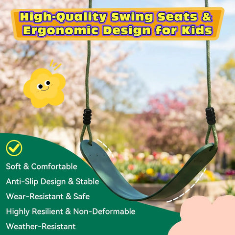 Heavy Duty Kids Swing Seat With 79 Inch Adjustable Rope And 330 Lbs Capacity, swing seat displayed outdoors, green.
