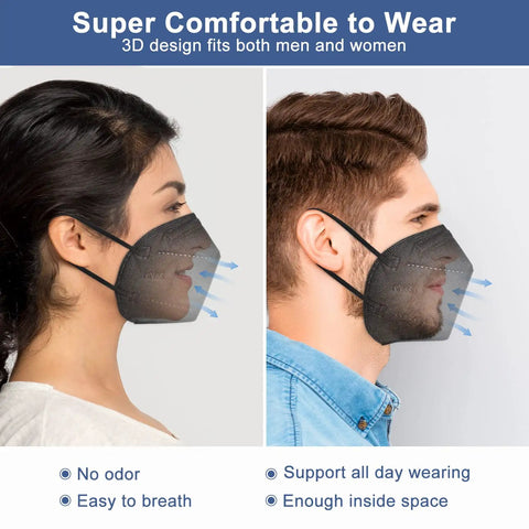 Two people wearing KN95 Face Mask 60 Pack Individually Wrapped 5 Layer Breathable Masks With Comfortable Elastic Ear Loops And Adjustable Metal Nose Clip 95 Percent Filter Efficiency For All Day Everyday Wear, side view showing mask fit and comfort.