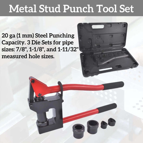 Manual Lever Sheet Metal Hole Punch Kit 20 Gauge With Dies 7/8 Inch 1-1/8 Inch And 1-11/32 Inch, red handles, carrying case