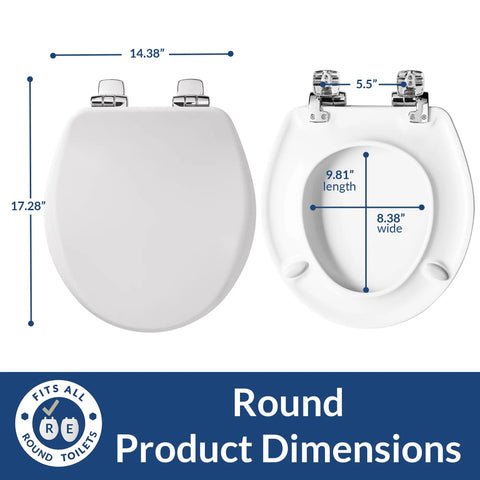 Soft Close Toilet Seat With Brushed Nickel Hinges, Round, High Density Enameled Wood, White, No Slam, Never Loosen, STA-TITE Fastening System For A Snap Install And A Perfect Fit dimensions