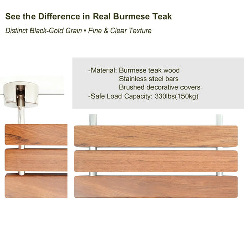 Premium Burmese Teak Folding Shower Seat Bench Wall Mounted With Brushed Finish, Solid Teak Wood, Stainless Steel Bars