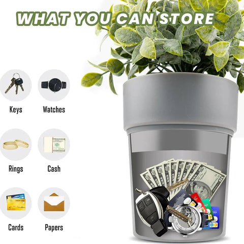 Stealth Mini Flower Pot Safe With Realistic Plant Deco and Key Lock Secret Stash Box for cash, keys, and cards storage.