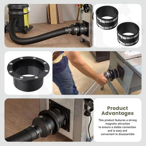 4-inch magnetic dust-collection connector with dust-control flex cuff; quick connect hose to equipment interface for woodworking vacuums