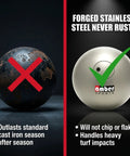 Comparison of rusty cast iron ball versus stainless steel shot put for competition grade training, 16lb precision balanced ball.