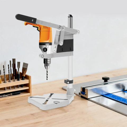 Jzswyst Heavy Duty Aluminum Drill Press Stand With 90 Degree Rotating Adjustable Bench Clamp For Hand Drill mounted on workbench.