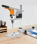 Rugged Workhorse Double Hole Drill Press Stand With No Sweat Depth Adjustment Universal Heavy Duty Aluminum Bench Clamp for precise drilling.