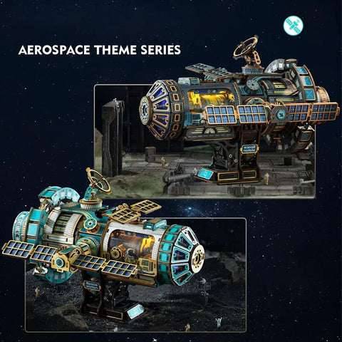 Interstellar Space Station 3D Wooden Puzzle Kit With Lights And Music, 511-piece rotating desk model in two views