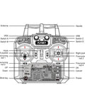 Diagram of Six To Ten Channel 2.4GHz AFHDS RC Transmitter With Bidirectional Data Capable Receiver displayed with labeled parts.