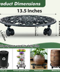 Heavy Duty Rolling Plant Stands With Wheels Two Pack Metal Plant Caddy Smooth Cast Iron Rollers For Indoor Plant Pots shown with dimensions.