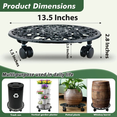 Heavy Duty Rolling Plant Stands With Wheels Two Pack Metal Plant Caddy Smooth Cast Iron Rollers For Indoor Plant Pots shown with dimensions.