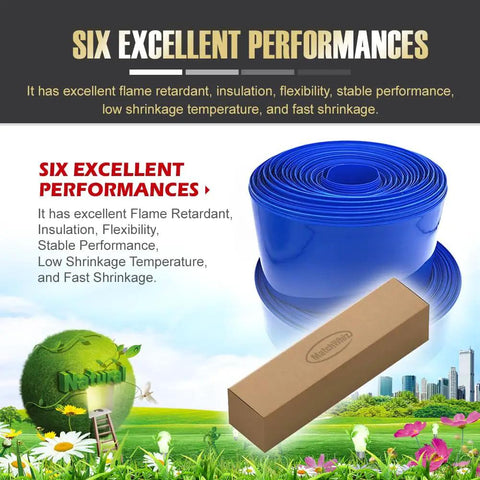 Heavy Duty Pvc Heat Shrink Wrap Tube, 5.9 Inch Flat Width In Bold Blue, 3 Meter Roll displayed in packaging for cable and wire insulation.