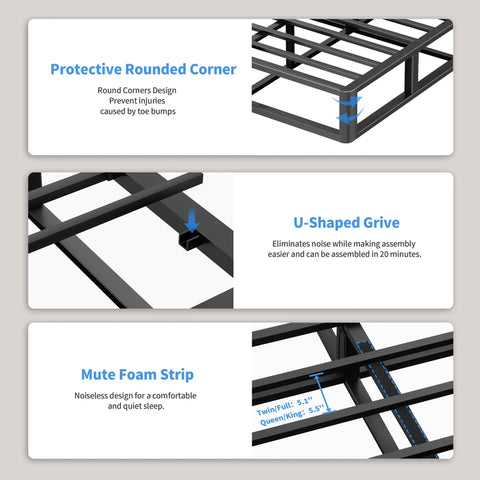 Heavy Duty King Size Box Spring Foundation With 5 Inch Low Profile Design And Beefy Steel Framework supporting U-shaped grives and protective rounded corners.