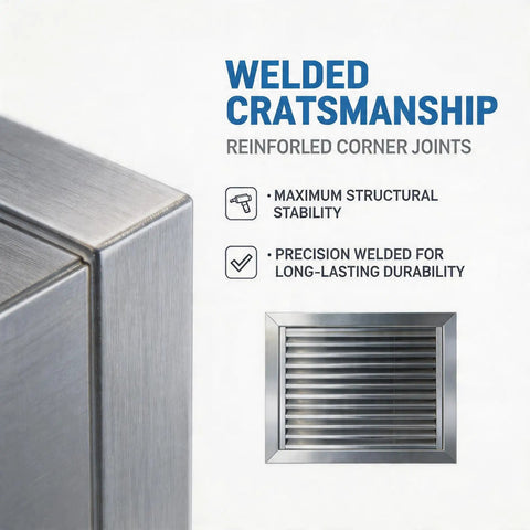 Close-up of Heavy Duty 304 Stainless Steel Louvered Access Panel Slick Vent showing welded craftsmanship and corner joints.