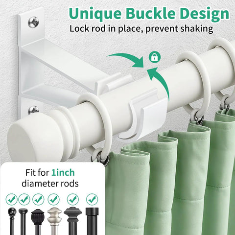 Heavy Duty White Curtain Rod Brackets Set Of 4 For One Inch Drapery Rods, showcasing unique buckle design and installation