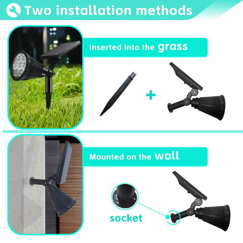 Image showing two installation methods: Solar Powered Outdoor Spotlights With 7 LEDs 2 In 1 Waterproof Landscape Lighting in grass and on wall.