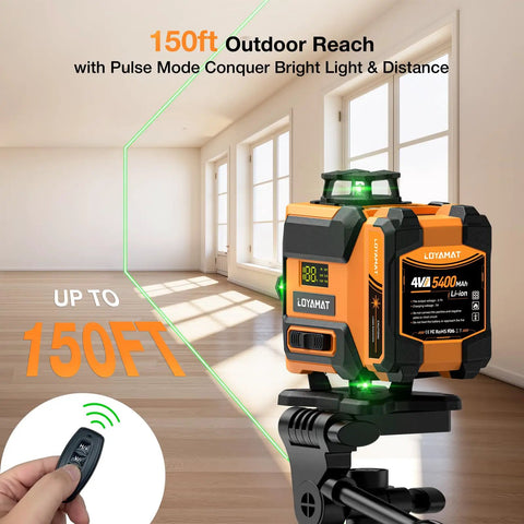 Self Leveling 4x360 Green Cross Line Laser Level With Tripod Mount For Real Deal Room Layout, Dual 360 Degree Horizontal And Vertical Lines, Quick Alignment For Walls Floors Ceilings And DIY Projects. Green laser level with tripod mount in room showing 150ft reach.