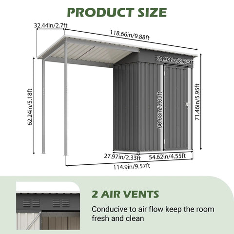 Waterproof 9.6 Ft By 2.3 Ft Storage Shed With Gazebo Porch 2-In-1 Lean-To Tool Storage Garden House dimensions and vents