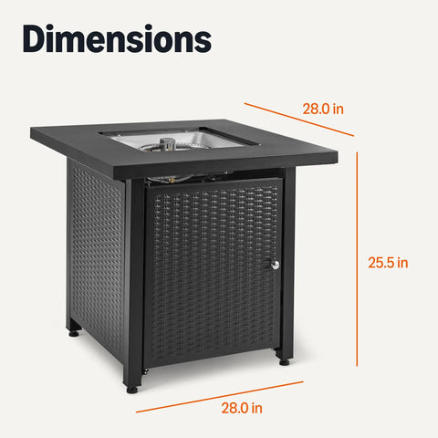 Outdoor Fire Table With 50,000 BTU Square Fire Pit, Black Finish, 28 Inch Diameter, showing side dimensions
