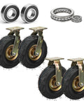 Heavy Duty Pneumatic Rubber Castor Wheel Set Of Four With Two Swivel And Two Directional Casters For Industrial Carts Rock Solid Silent Cruising Shock Absorbing 8 Or 10 Inch No Fuss Setup with detailed caster wheels and bearings.