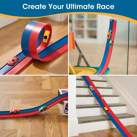 Flexible Fifteen-Foot Fun-Filled Kids Race Track With Two Toy Cars Safe US-Certified PVC in home and stair settings