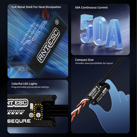 Waterproof Brushless ANT ESC With 50A Continuous And 100A Peak, showing metal shell and compact design for RC crawlers.