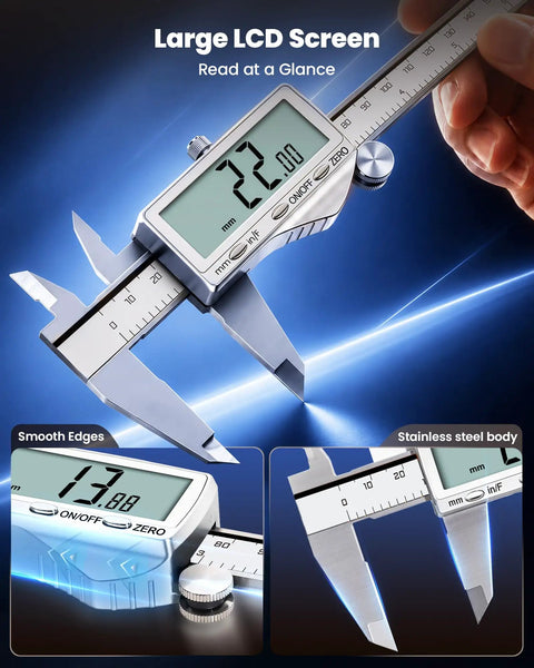 HARDELL Digital Caliper, 6" Rechargeable Calipers with Large LCD Screen and smooth stainless steel body for accurate measurements.
