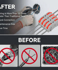 Huge 50 Piece Pack Of Lever Wire Connectors With Push In Tech For Super Easy Tool Free Hook Ups And Fast One to Inline Splicing On Wires From 28 To 12 Awg That Are Totally Reusable Durable Orange And Gray Colors Galore. 50 pack lever wire connectors in use, gray and orange, for inline electrical splicing