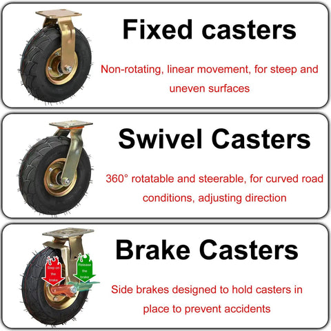 Tough As Nails 4 Piece Heavy Duty Pneumatic Rubber Caster Wheels With Secure Swivel Brakes And Stainless Steel Hardware labeled types