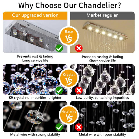 Comparison of Modern Wave Rectangular Crystal Raindrop Chandelier with Chrome Finish showing base, crystal, and metal wire differences.