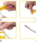 Steps to strip cable using RJ45 Crimp Tool Kit For Cat5 And Cat5e Installations, showing hand positions and tool angles.