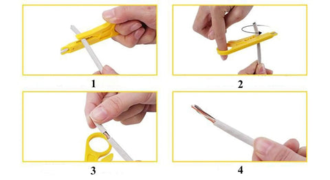 Steps to strip cable using RJ45 Crimp Tool Kit For Cat5 And Cat5e Installations, showing hand positions and tool angles.