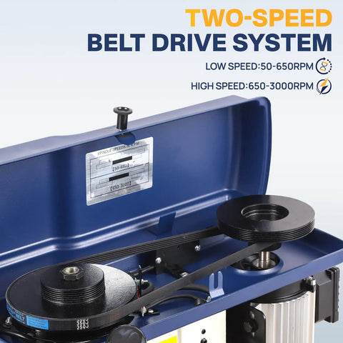 Belt drive system of 10 Inch Benchtop Drill Press with Variable Speed From 50 To 3000 RPM Cast Iron Table And Base, shown open.