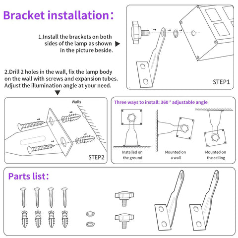 Bracket installation guide for 60W LED Black Light Bar With 60 LEDs, 120 Degree Flood Beam, showing parts list and steps.