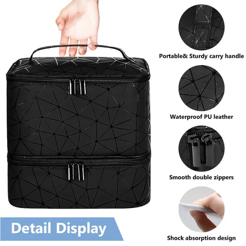 PU Leather Nail Polish Organizer Case With Built In Nail Lamp Holds 30 Plus Bottles And Mani Tools, shown with handle and zippers