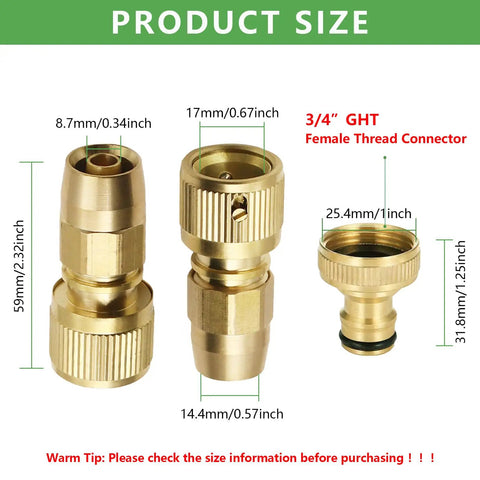 Garden Hose Repair Kit With Solid Brass Quick Connect Fittings 3/4 Inch GHT Female Faucet Adapter Flexible Hose Connectors End Repair Set For Leaks And Breaks DIY Fix To Save Money And Extend Your Hose Life product size chart