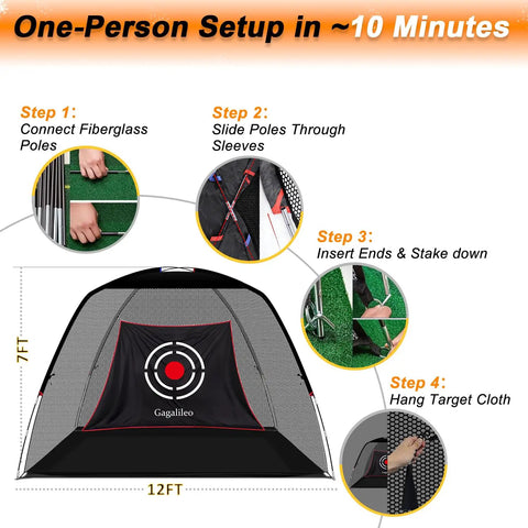 Golf Hitting Net For Backyard Driving 12x7Ft Professional Backstop With Silent Velvet Target Portable Practice Net setup diagram