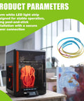3D printer with Two Pack LED Light Strip Kit for K2 Plus, featuring dual lighting and peel-and-stick setup.