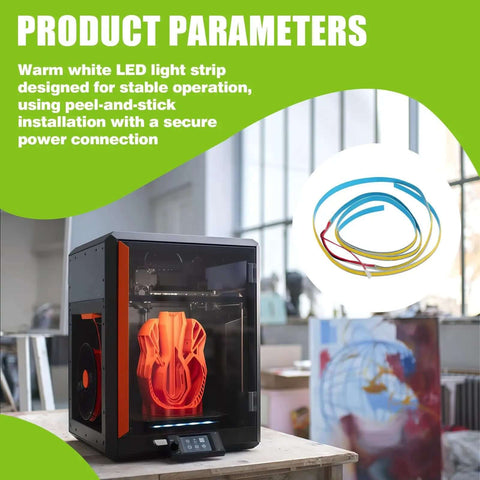 3D printer with Two Pack LED Light Strip Kit for K2 Plus, featuring dual lighting and peel-and-stick setup.
