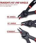 12 Piece Snap Ring Pliers Set For Internal And External Circlips With Straight And Bent Jaw Tips Includes 6 8 And 9 Inch Pliers And 0.038 0.047 0.070 0.090 Inch Ranges In A Storage Case Heavy Duty Kit For Easy Ring Installation And Removal showing 90 45 and straight angle tips